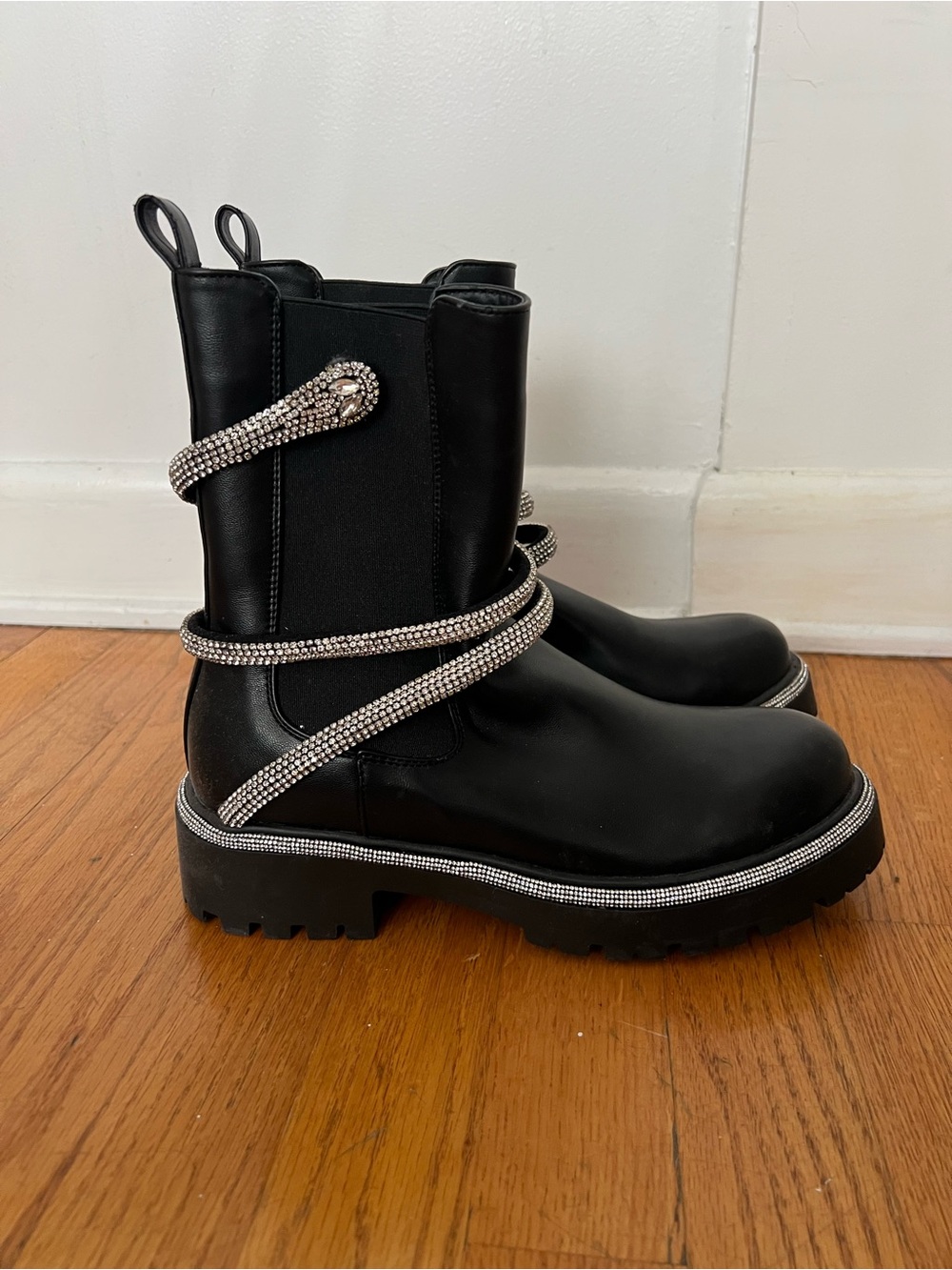 Black Rhinestone-Trim Chelsea Boots